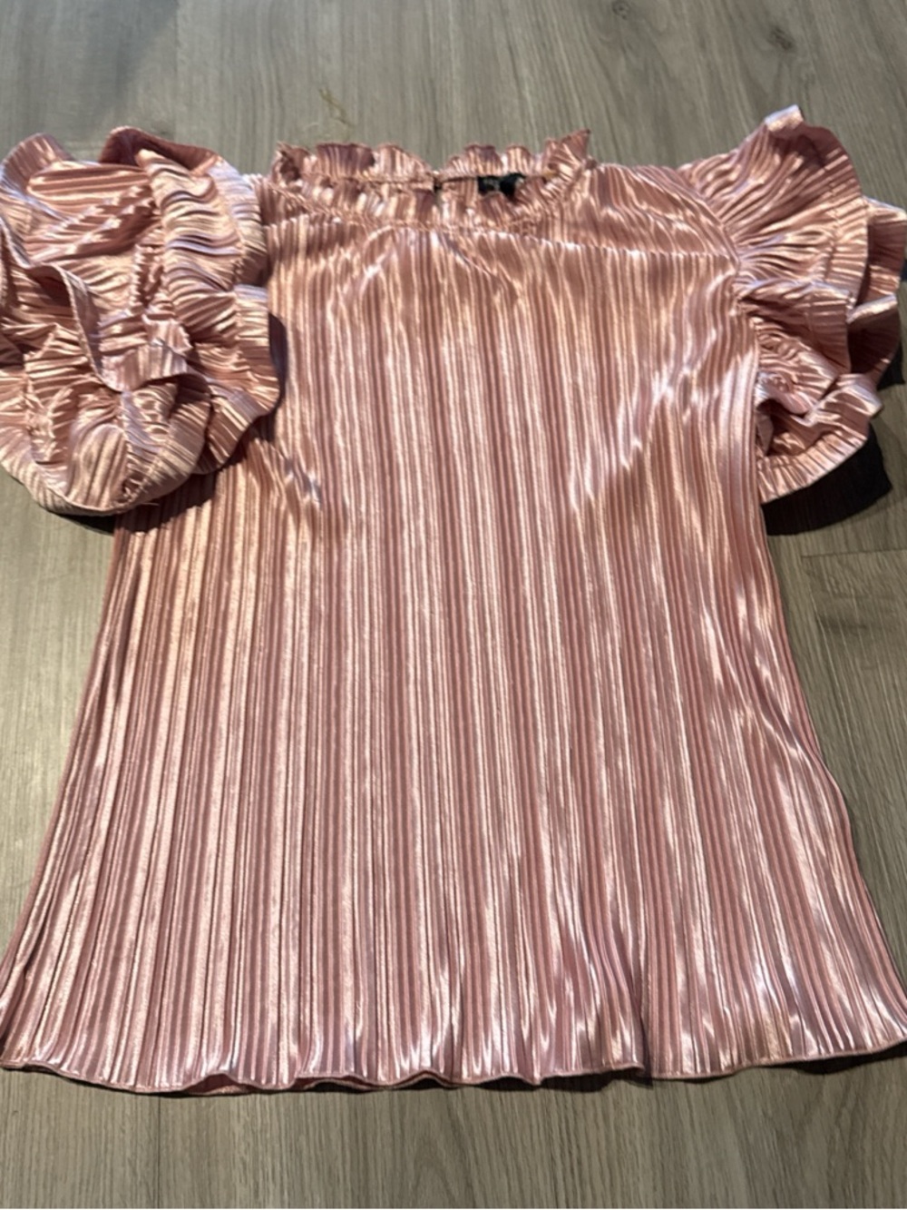 Pleated Shiny Pink Ruffle Sleeve Blouse